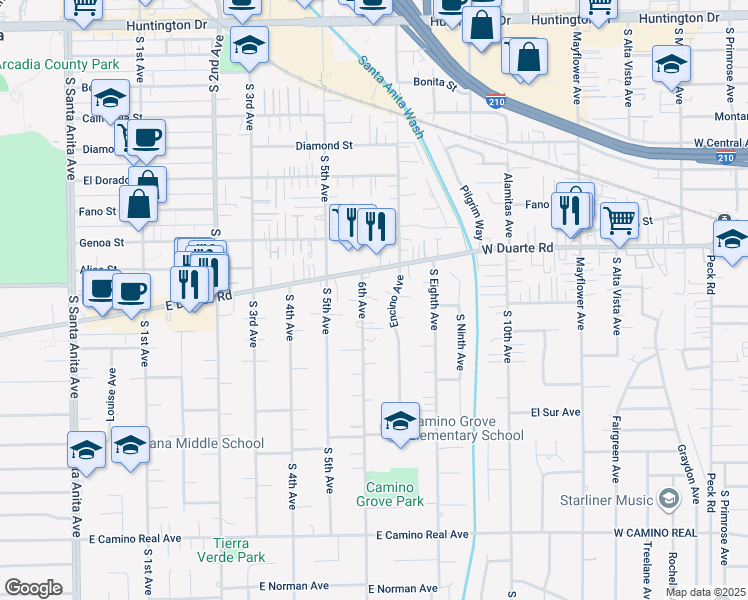 map of restaurants, bars, coffee shops, grocery stores, and more near 930 West Duarte Road in Monrovia