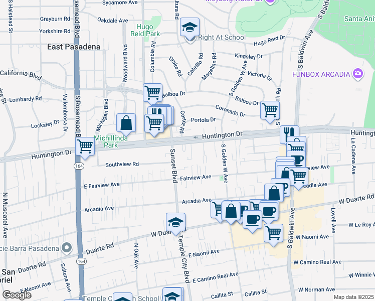 map of restaurants, bars, coffee shops, grocery stores, and more near 1014 West Huntington Drive in Arcadia