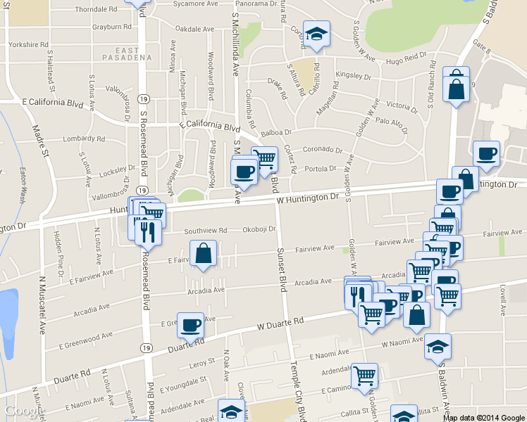 map of restaurants, bars, coffee shops, grocery stores, and more near 1137 West Huntington Drive in Arcadia