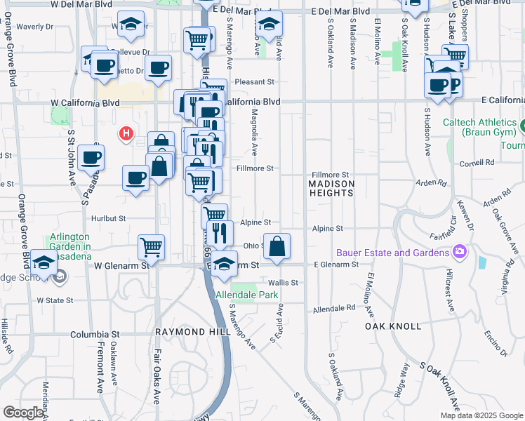 map of restaurants, bars, coffee shops, grocery stores, and more near 851 Magnolia Avenue in Pasadena