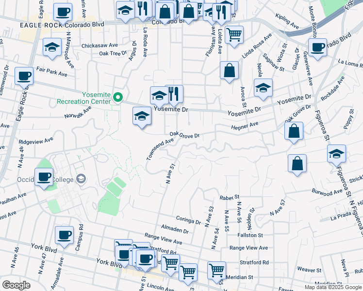 map of restaurants, bars, coffee shops, grocery stores, and more near 1588 Silver Oak Terrace in Los Angeles