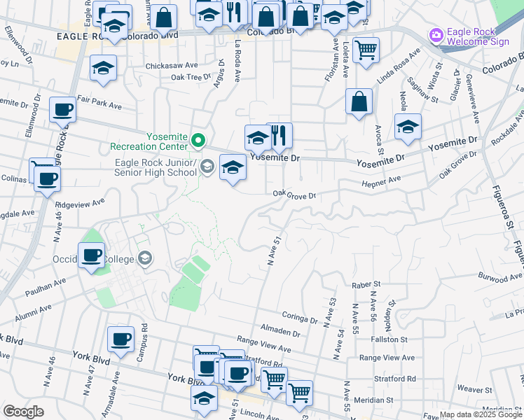 map of restaurants, bars, coffee shops, grocery stores, and more near 1628 Oak Grove Drive in Los Angeles