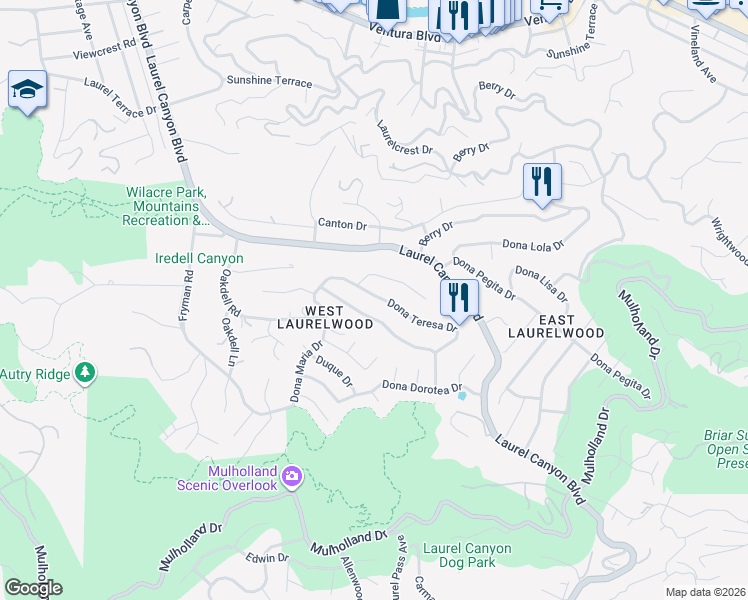 map of restaurants, bars, coffee shops, grocery stores, and more near 11527 Dona Dolores Place in Los Angeles