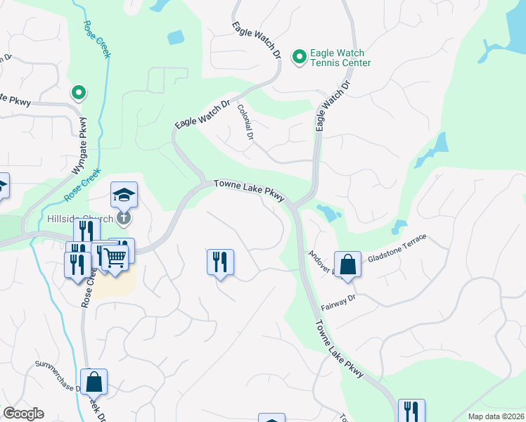 map of restaurants, bars, coffee shops, grocery stores, and more near 219 Morning Mist Way in Woodstock