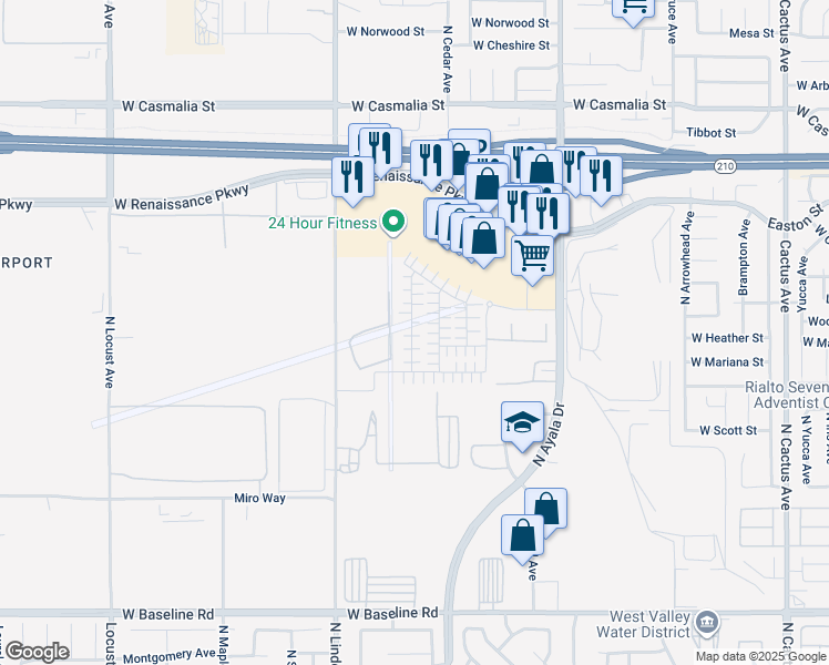 map of restaurants, bars, coffee shops, grocery stores, and more near 1701 Eagle Road in Rialto