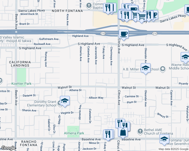 map of restaurants, bars, coffee shops, grocery stores, and more near 6770 Jacaranda Avenue in Fontana