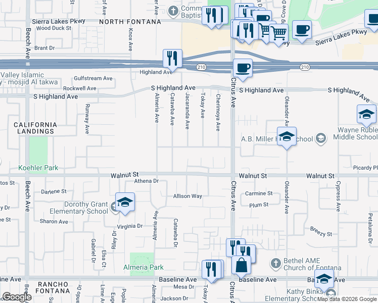 map of restaurants, bars, coffee shops, grocery stores, and more near 6770 Jacaranda Avenue in Fontana