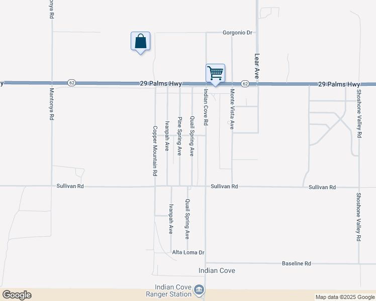 map of restaurants, bars, coffee shops, grocery stores, and more near 6758 Quail Spring Avenue in Twentynine Palms