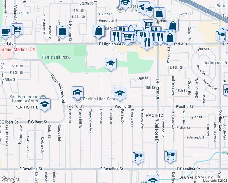 map of restaurants, bars, coffee shops, grocery stores, and more near 1695 Conejo Drive in San Bernardino