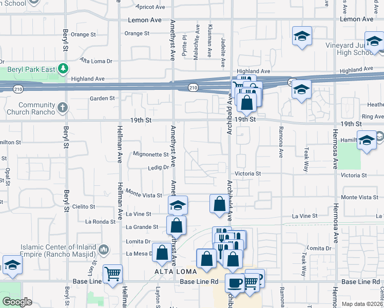 map of restaurants, bars, coffee shops, grocery stores, and more near 6880 Archibald Avenue in Rancho Cucamonga