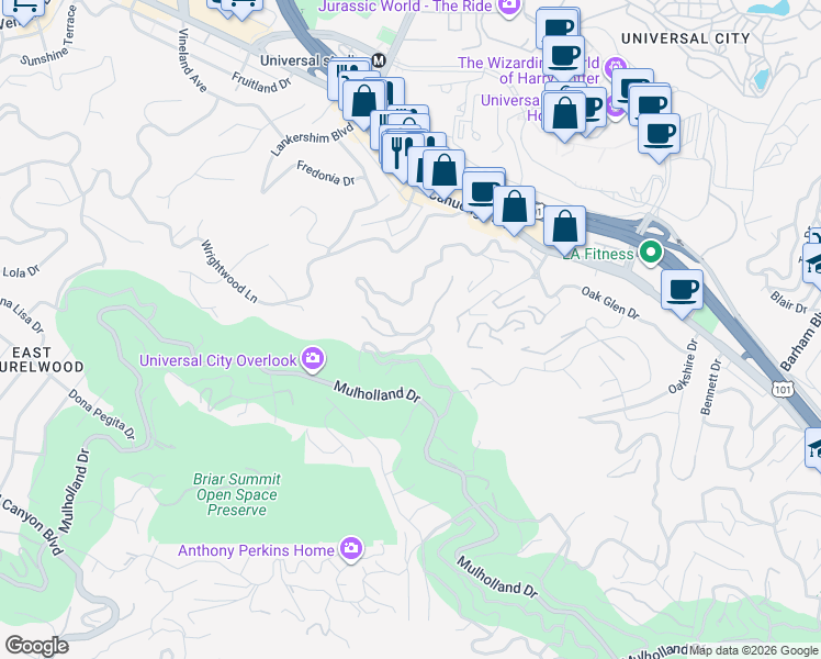 map of restaurants, bars, coffee shops, grocery stores, and more near 3564 Multiview Drive in Los Angeles
