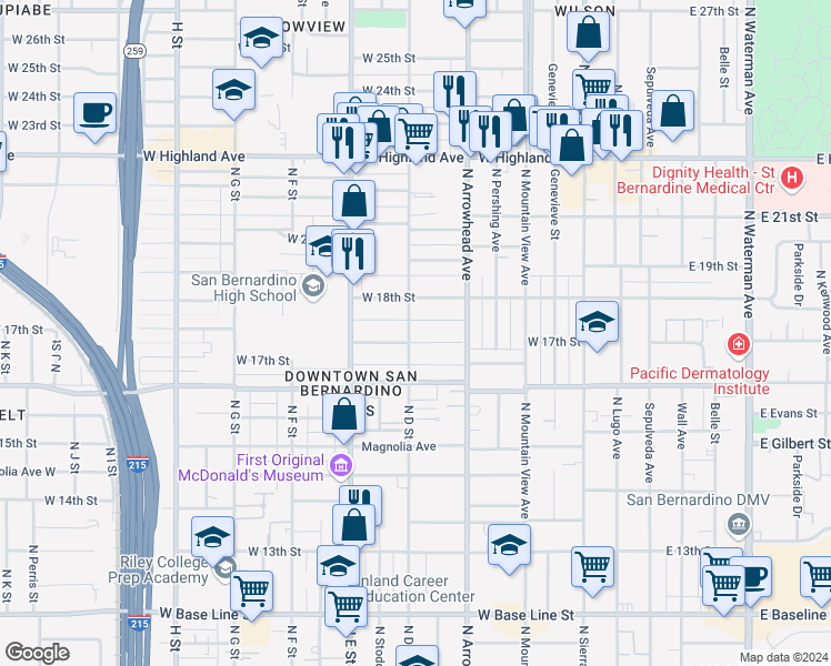 map of restaurants, bars, coffee shops, grocery stores, and more near 394 West 17th Street in San Bernardino