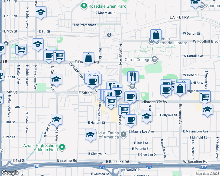 map of restaurants, bars, coffee shops, grocery stores, and more near 801 East Alosta Avenue in Azusa