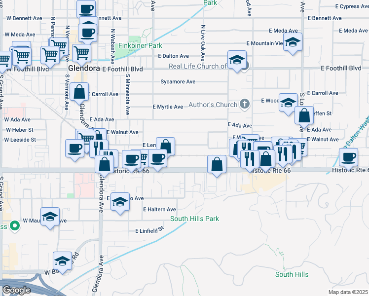 map of restaurants, bars, coffee shops, grocery stores, and more near 620 East Lemon Avenue in Glendora