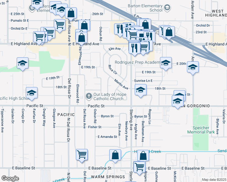 map of restaurants, bars, coffee shops, grocery stores, and more near 6804 Elm Avenue in San Bernardino