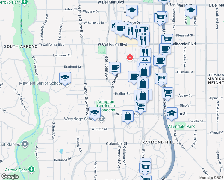 map of restaurants, bars, coffee shops, grocery stores, and more near 888 South Pasadena Avenue in Pasadena