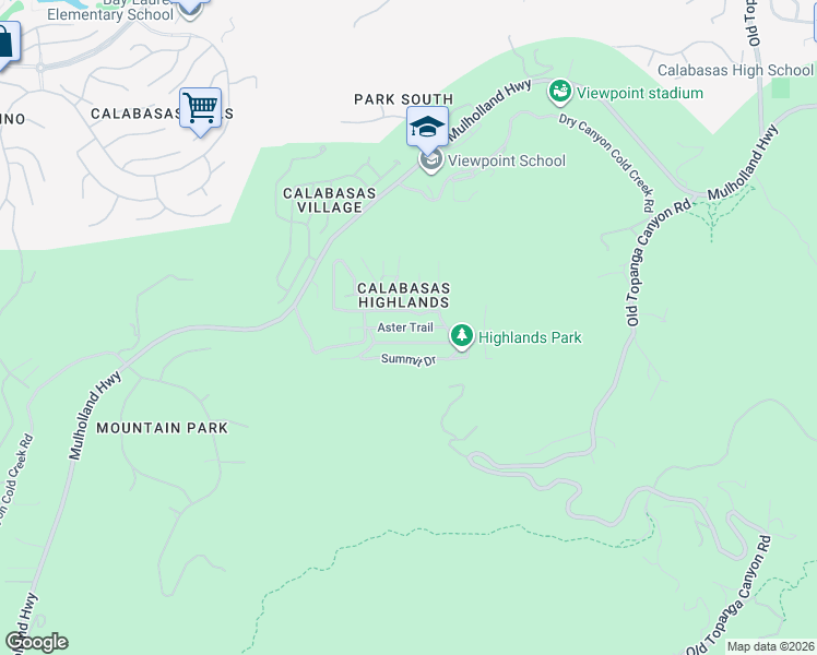 map of restaurants, bars, coffee shops, grocery stores, and more near Aster Trail in Calabasas