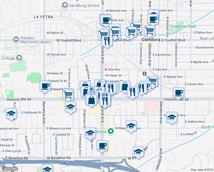 map of restaurants, bars, coffee shops, grocery stores, and more near 521 West Leeside Street in Glendora