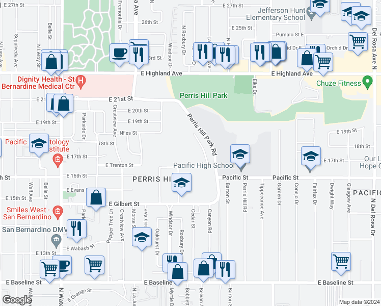 map of restaurants, bars, coffee shops, grocery stores, and more near 900 East Gilbert Street in San Bernardino