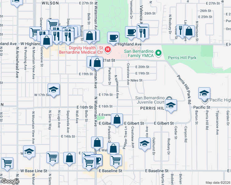 map of restaurants, bars, coffee shops, grocery stores, and more near 397 18th Street in San Bernardino