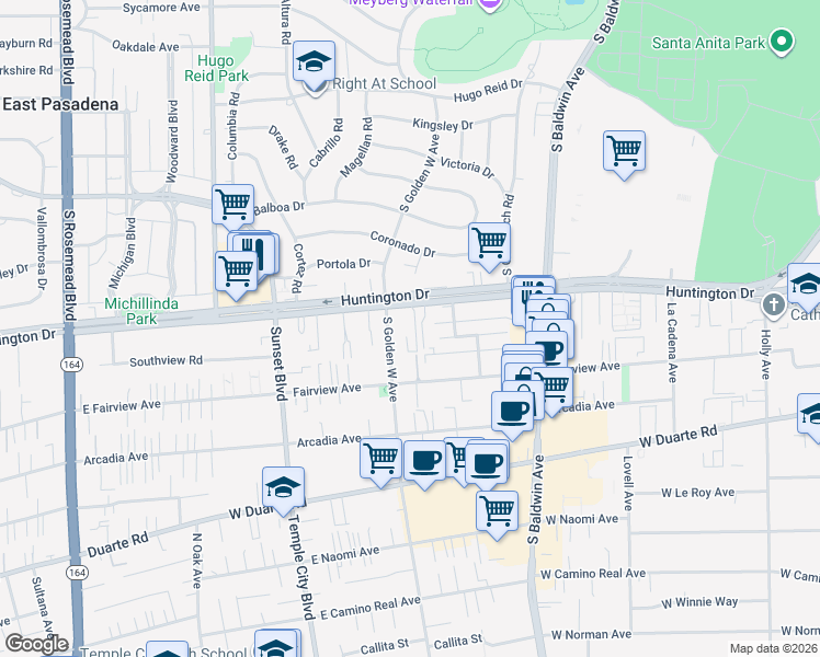 map of restaurants, bars, coffee shops, grocery stores, and more near in Arcadia
