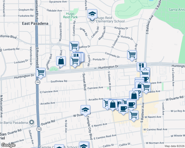 map of restaurants, bars, coffee shops, grocery stores, and more near 1014 West Huntington Drive in Arcadia