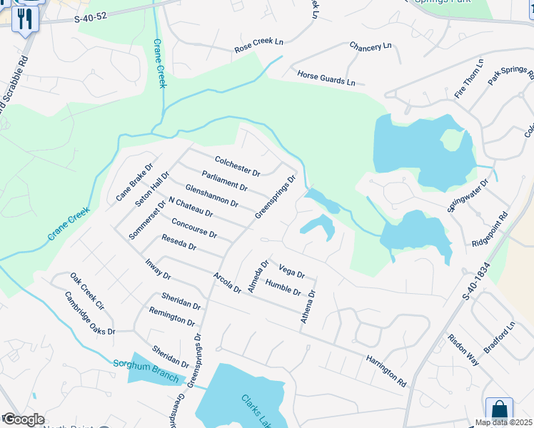 map of restaurants, bars, coffee shops, grocery stores, and more near 800 Greensprings Drive in Columbia
