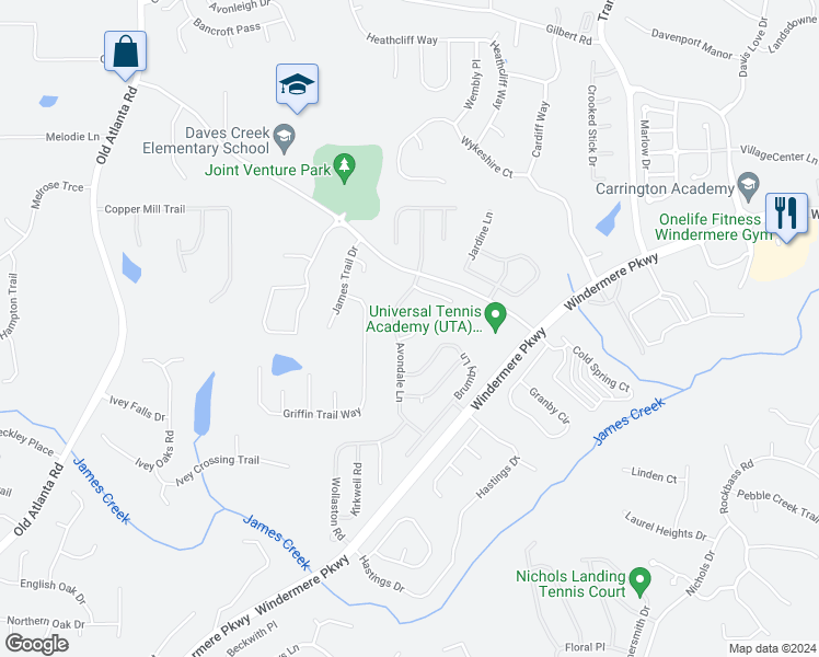 map of restaurants, bars, coffee shops, grocery stores, and more near 4435 Camrose Court in Cumming