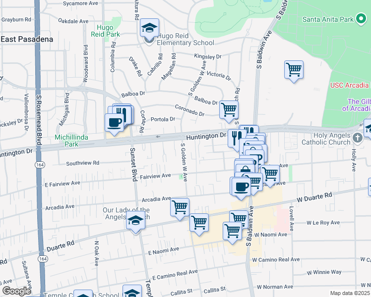 map of restaurants, bars, coffee shops, grocery stores, and more near 808 Golden West Avenue in Arcadia