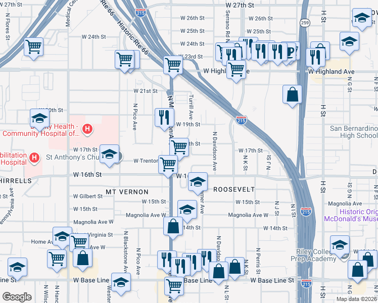 map of restaurants, bars, coffee shops, grocery stores, and more near 1682 Turrill Avenue in San Bernardino