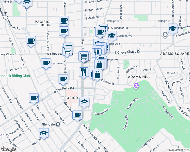 map of restaurants, bars, coffee shops, grocery stores, and more near 1239 South Glendale Avenue in Glendale
