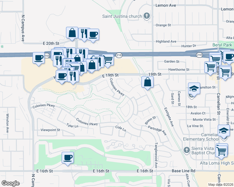 map of restaurants, bars, coffee shops, grocery stores, and more near 1842 Richards Place in Upland