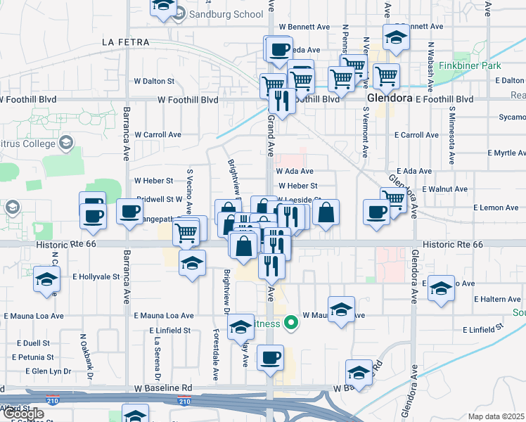 map of restaurants, bars, coffee shops, grocery stores, and more near 409 South Grand Avenue in Glendora