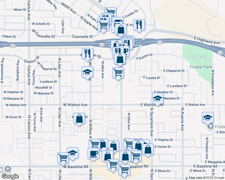 map of restaurants, bars, coffee shops, grocery stores, and more near 186 West Walnut Avenue in Rialto