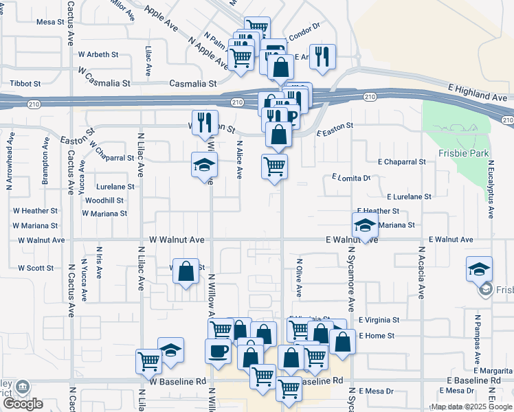 map of restaurants, bars, coffee shops, grocery stores, and more near 186 West Walnut Avenue in Rialto