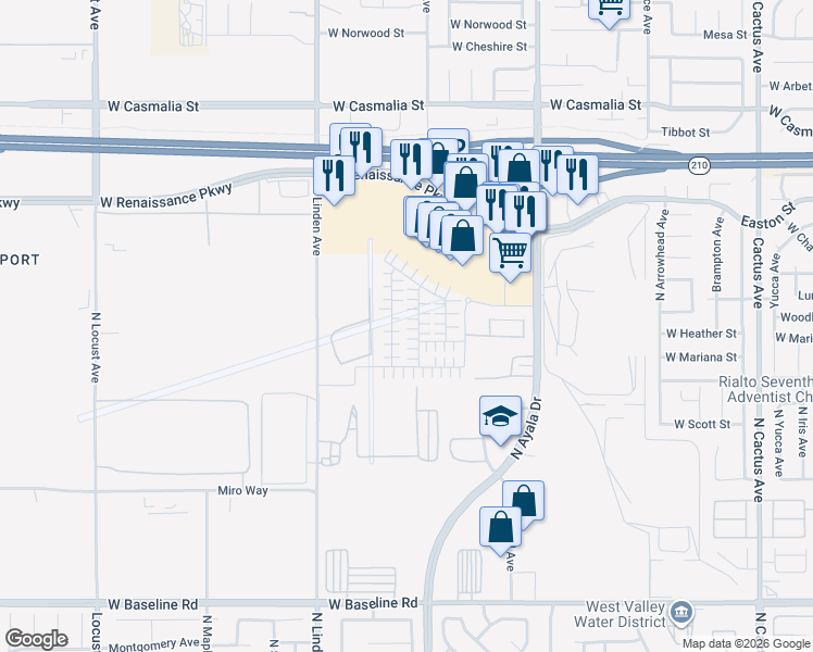 map of restaurants, bars, coffee shops, grocery stores, and more near 1188 Leiske Drive in Rialto