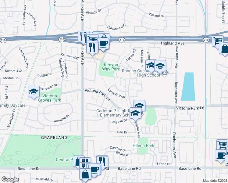 map of restaurants, bars, coffee shops, grocery stores, and more near 6794 Colorno Court in Rancho Cucamonga