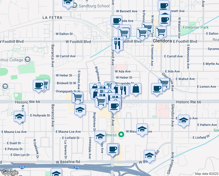 map of restaurants, bars, coffee shops, grocery stores, and more near 409 South Grand Avenue in Glendora
