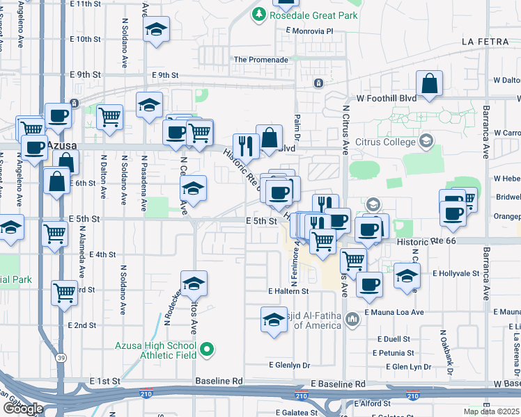 map of restaurants, bars, coffee shops, grocery stores, and more near in Azusa