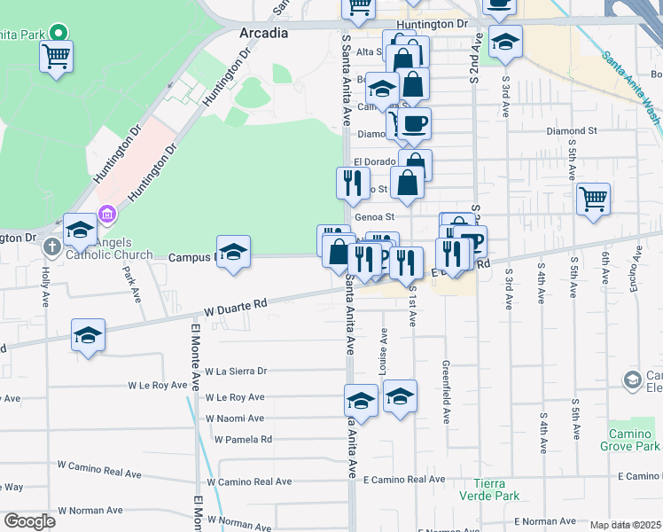 map of restaurants, bars, coffee shops, grocery stores, and more near 12 Campus Drive in Arcadia