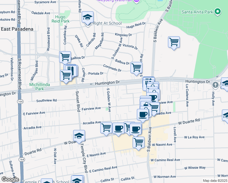 map of restaurants, bars, coffee shops, grocery stores, and more near in Arcadia