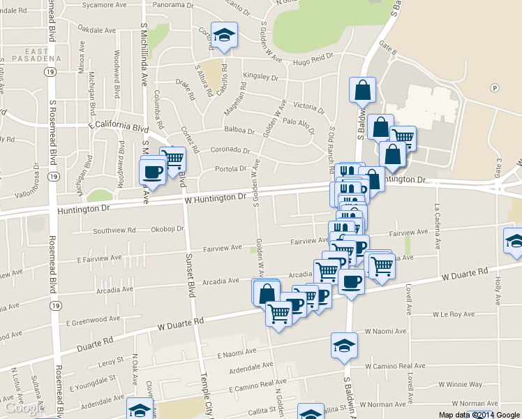 map of restaurants, bars, coffee shops, grocery stores, and more near in Arcadia