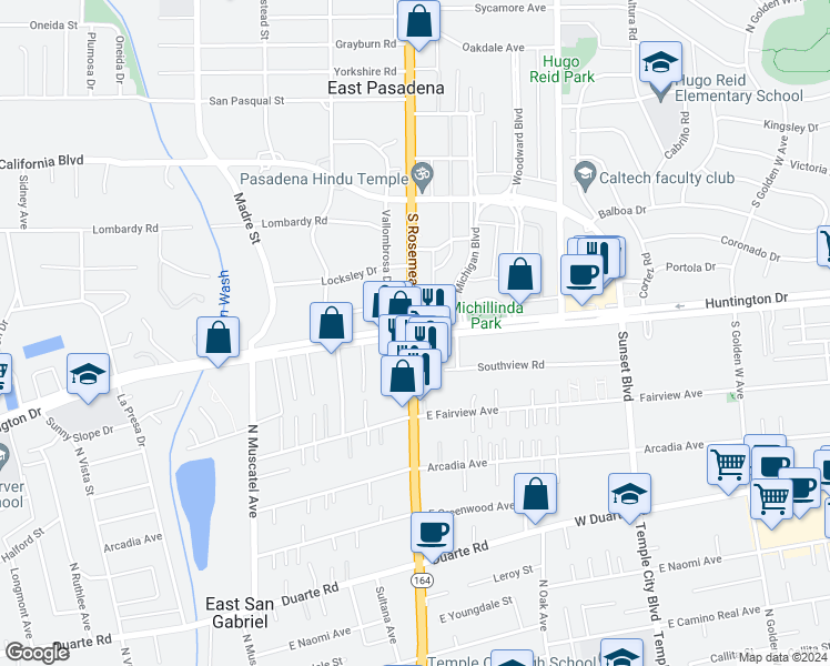 map of restaurants, bars, coffee shops, grocery stores, and more near 3705 Huntington Drive in Pasadena