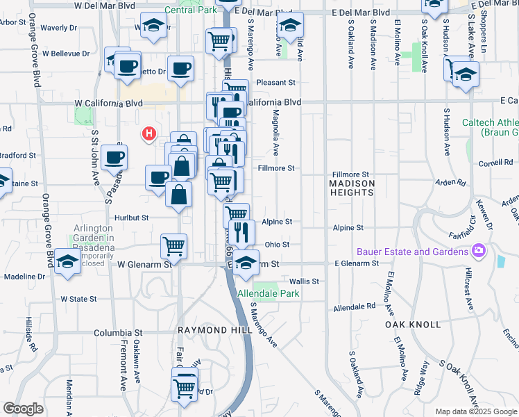 map of restaurants, bars, coffee shops, grocery stores, and more near 881 South Marengo Avenue in Pasadena