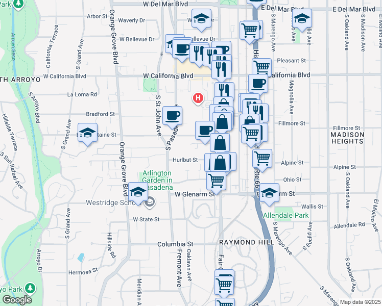 map of restaurants, bars, coffee shops, grocery stores, and more near 150 Bellefontaine Street in Pasadena