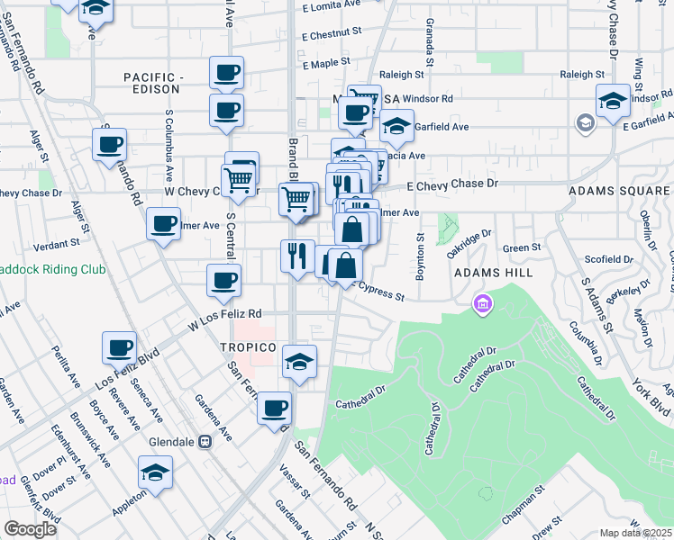 map of restaurants, bars, coffee shops, grocery stores, and more near 1239 South Glendale Avenue in Glendale