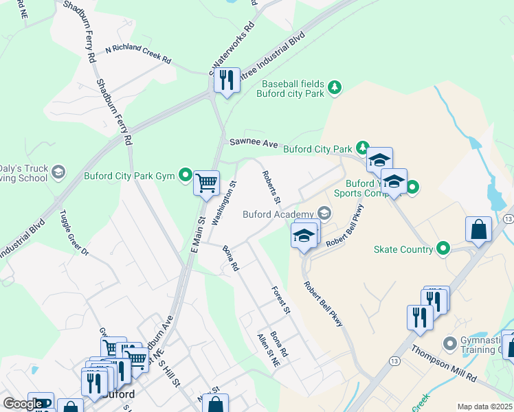 map of restaurants, bars, coffee shops, grocery stores, and more near 110 Legion Drive in Buford