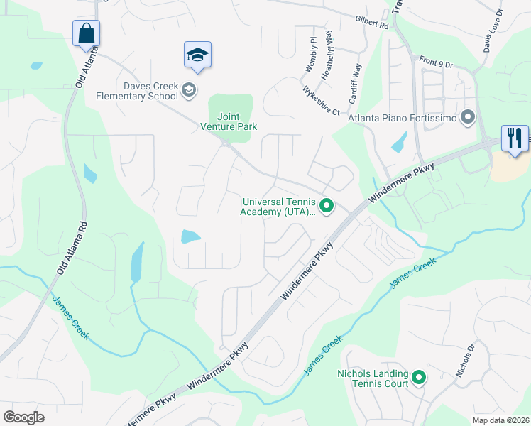 map of restaurants, bars, coffee shops, grocery stores, and more near 4460 Avondale Lane in Cumming