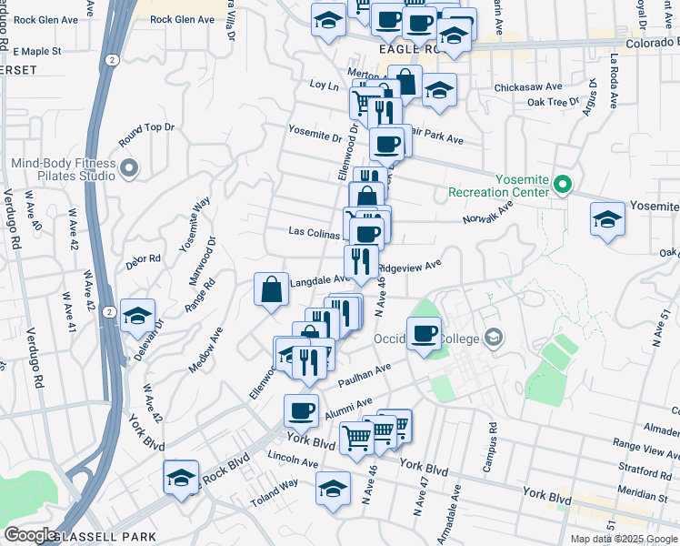 map of restaurants, bars, coffee shops, grocery stores, and more near 2327 Langdale Avenue in Los Angeles
