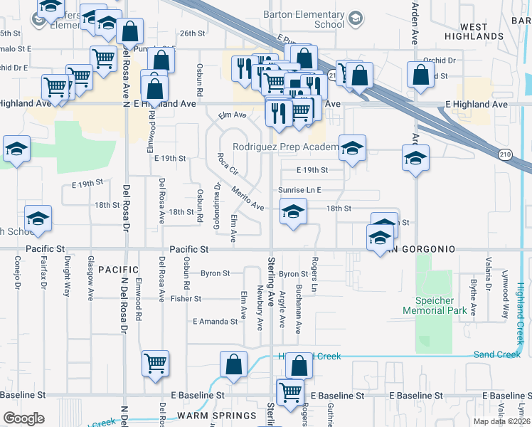 map of restaurants, bars, coffee shops, grocery stores, and more near 6792 Merito Avenue in San Bernardino